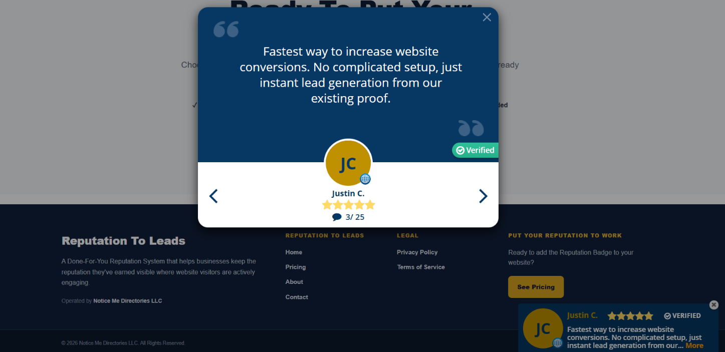 Reputation To Leads live Reputation Badge displaying verified 5-star customer reviews